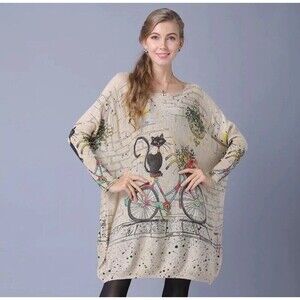 Oversized Wool Blend Tunic Top Women Long Dolman Sleeve Kitten Cat Sweater